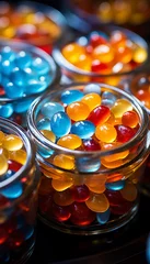 Tuinposter Lots of sweet candies lollipops in glass jars, close-up view © Nikolai