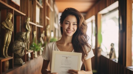 Beautiful woman with model looks, proudly displaying certificates and awards on her office wall in Bali.