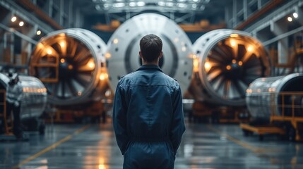 Engineer in the background Aerospace Parts Manufacturing Plant, Personnel Working In Factories, Global Impact Of Aerospace Parts Manufacturing. Generative AI.