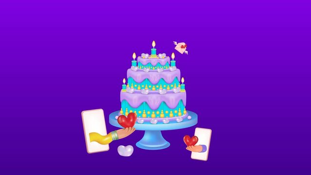 
A birthday cake with icing, candles and a heart. Birthday banner, animation.