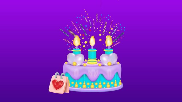 
A birthday cake with icing, candles and a heart. Birthday banner, animation.