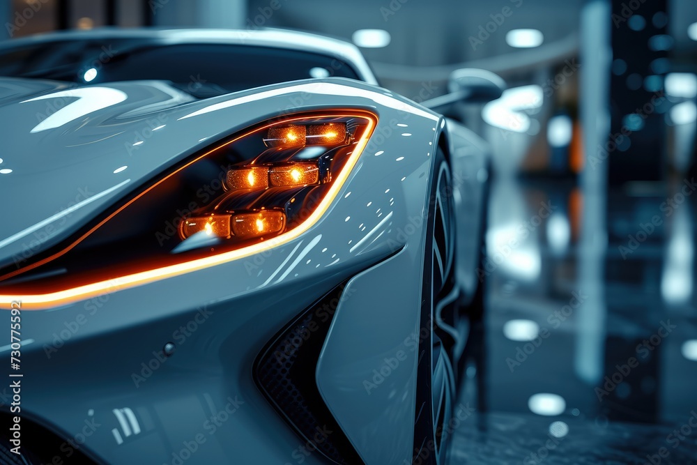 Poster close up photo of a corner front-end of a futuristic sports car. generative ai.