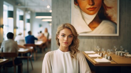 Beautiful woman with a model-like appearance dining at modern Scandinavian restaurants.