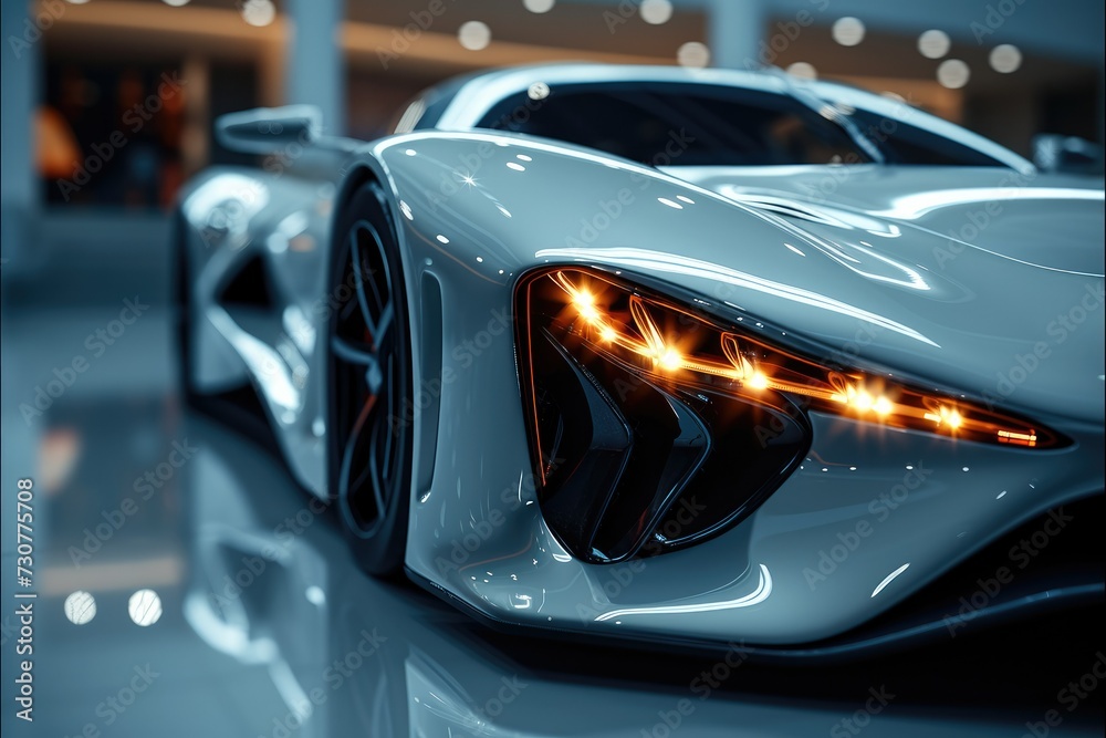 Poster close up photo of a corner front-end of a futuristic sports car. generative ai.