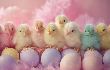 Colorful fluffy little chickens standing on painted Easter eggs. Pastel pink background with feathers. Christian holiday concept. 