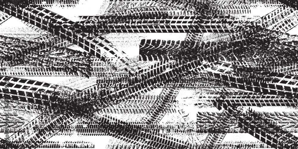 Poster Tire track seamless pattern. Grange tread marks .Grunge textured vector car tread . Car trails endless pattern texture. Tyre track seamless texture. Wheel tire tread track background