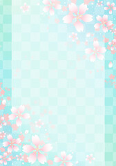 桜の和フレーム　飾り枠　和風背景　和柄　市松模様　伝統文様　素材　お花見　入学　卒業　入園　卒園　入社　年賀状　新春　さくら柄　縦長