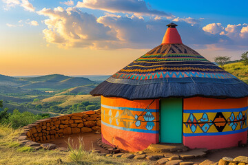 A beautiful colorful traditional ethnic African round hut of the Ndbele tribe in a village in South Africa in the peaceful evening sun - obrazy, fototapety, plakaty