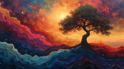 Pride in the Sky: A Rainbow-Colored Tree in the Sunset Generative AI - obrazy, fototapety, plakaty