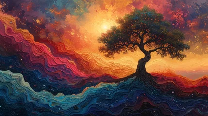 Foto op Plexiglas Pride in the Sky: A Rainbow-Colored Tree in the Sunset Generative AI © Vinod