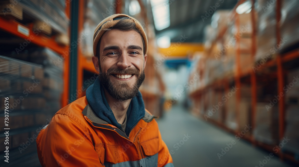 Poster smiling warehouse worker in the logistic warehouse. generative ai.