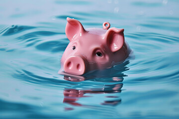 Drowning in debt and keeping your financial head above water represented by a piggy bank pink pig...