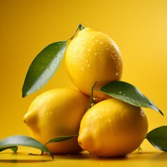 Fresh lemons on a yellow background. Generative AI.