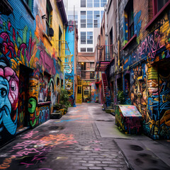 Fototapeta premium Vibrant street art in an urban alley.