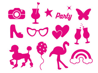 Glamorous trendy set of pink stickers. Cute stickers, objects isolated on white background. dog, balloon, flower, shoe, star, glass, logo: collection in a minimalist style. for print, social network. 