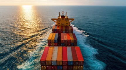 A view from above of a heavily laden container cargo ship speeds over the ocean - obrazy, fototapety, plakaty