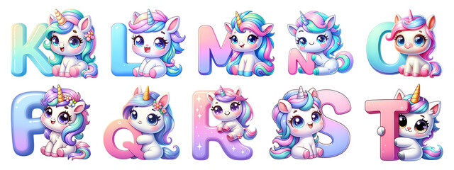 Obraz premium Cute Unicorn Alphabet Series - Letters K to T Clipart