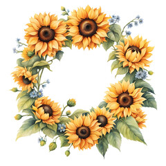 Watercolor wreath of sunflowers and blue wildflowers PNG clipart illustration for nature season holiday celebration design 