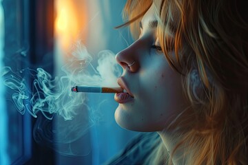 Obraz premium A woman is captured smoking a cigarette, the tendrils of smoke curling around her in a moment of contemplation or relaxation.