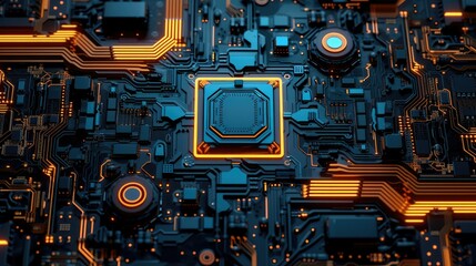 Fototapeta premium High quality circuit board background with a blue, orange and yellow color. Generative AI.