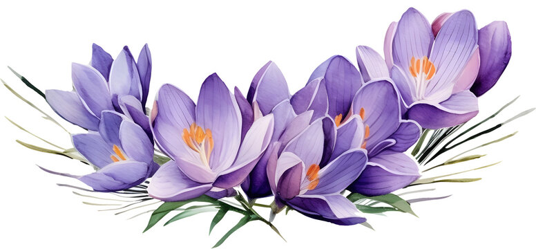 Watercolor Crocus flower and leaves composition PNG graphic clipart for print template card cover design