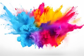 Multicolored bright splash Holi on white background, copy space. - obrazy, fototapety, plakaty