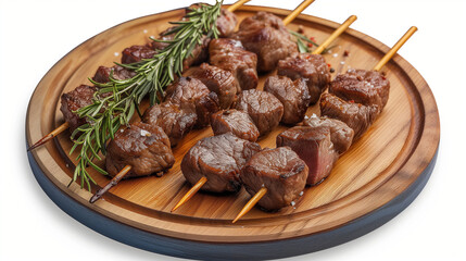 Delicious beef skewers, grilled, wood plate or tray. Isolated white background, Brazilian traditional "espetinhos de carne", bbq food