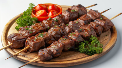 Delicious beef skewers, grilled, wood plate or tray. Isolated white background, Brazilian traditional "espetinhos de carne", bbq food