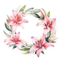 Watercolor elegant pink Lily flowers wreath frame border element clipart hand drawn illustration for wedding holiday decoration