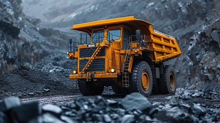Close-up shot big yellow mining truck for anthracite coal