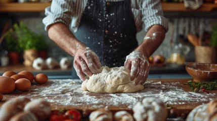 Photo sur Plexiglas Pain A guy on a table kneading dough. Generative Ai.