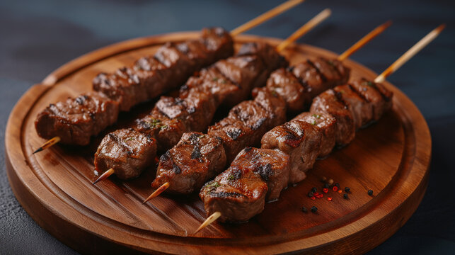 Delicious beef skewers, grilled, wood plate or tray. Isolated white background, Brazilian traditional "espetinhos de carne", bbq food