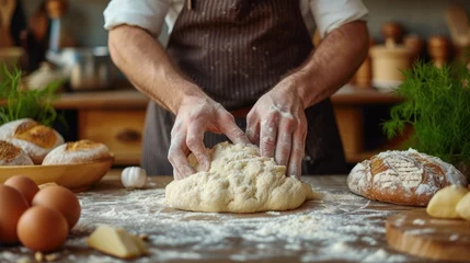 Fotobehang A guy on a table kneading dough. Generative Ai. © Concept Killer