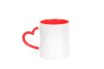 Sublimation ceramic white mug with red color heart shaped handle 