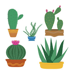 Doodle cactus plant clay pot set decorative houseplants illustration with green pink yellow color that can be used for interior decoration,  social media, sticker, wallpaper, card, green house, e.t.c.