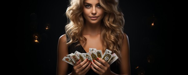 A beautiful woman holds poker cards in her hands. Generative AI.