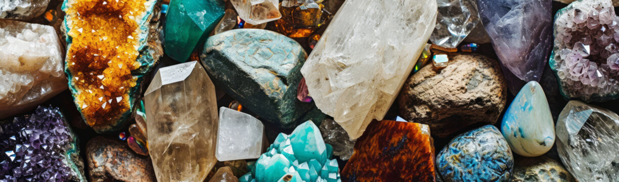 Close-up gemstones and crystals rough collection banner, including Amethyst, Quartz, Sodalite, Carnelian, Labradorite. Background for minerals store
