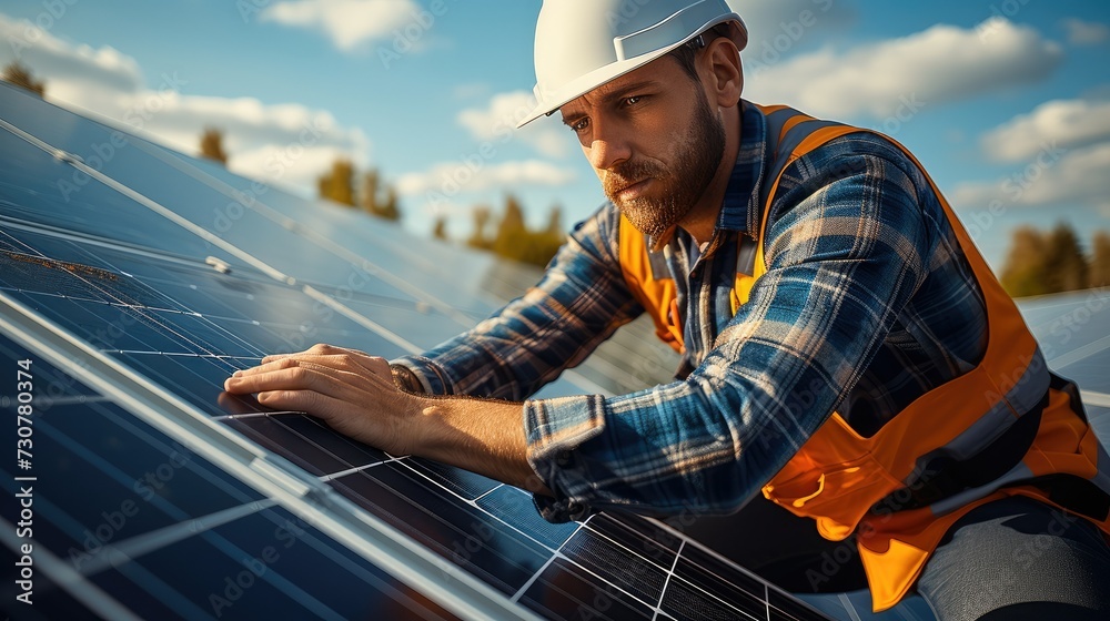 Poster a skilled electrician in action, focused on connecting solar panels to an advanced electrical system