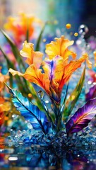A colourful variety of flowers in full bloom, bright colours, vibrant backgrounds