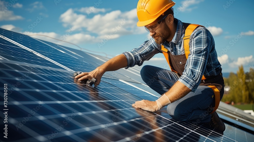 Poster a skilled electrician in action, focused on connecting solar panels to an advanced electrical system