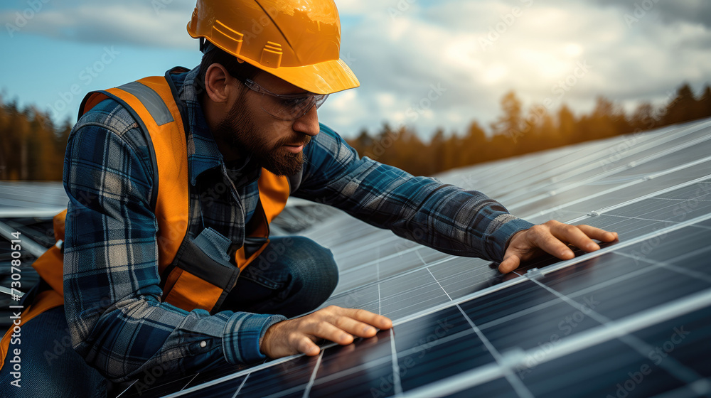 Poster a skilled electrician in action, focused on connecting solar panels to an advanced electrical system