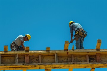Skilled carpenters meticulously complete the wooden beam structure of a house, demonstrating their expertise and commitment to craftsmanship.