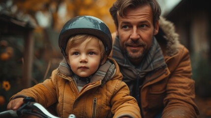 In his family garden, a proud father is showing his son how to ride his bicycle while wearing a helmet for safety. Active and supportive father encourages his child to ride his bicycle while outdoors.