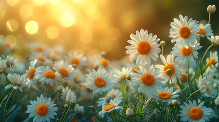 A daisy on a green meadow in sunny spring weather. A blurred background with light bokeh and a short depth of field. Close-up horizontally. - obrazy, fototapety, plakaty