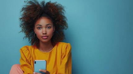 Pretty black lady sitting on a chair next to a blank smartphone, showing an example of how you could design a mobile app or website, with a blue studio background and copy space for your online - obrazy, fototapety, plakaty