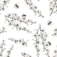Seamless pattern with Wild Manuka Blossom and Bees