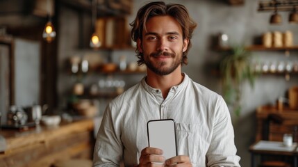 A cheerful, emotional man holds up a large blank cell phone, showing the white screen to the camera and pointing at you, recommending an application or mobile website, showing a mock-up banner.