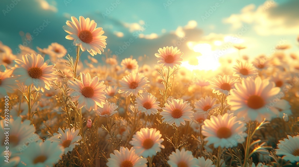 Aufkleber spring summer meadow with daffodils and daisies against a blue sky. soft selective focus on landscap