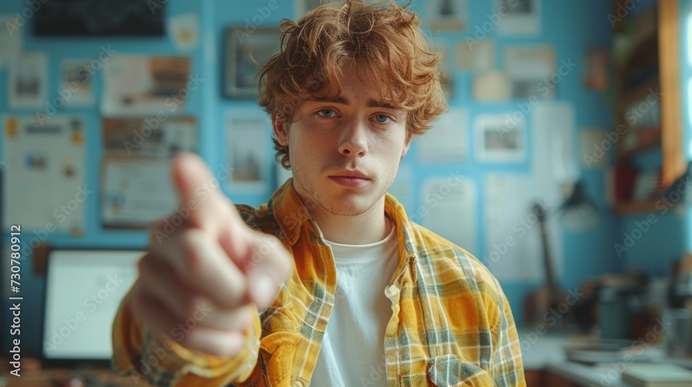 Poster redhaired millennial pointing finger at camera, jumping with mobile phone on blue studio background.