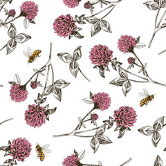 Seamless pattern with bees pollinating red clover flowers